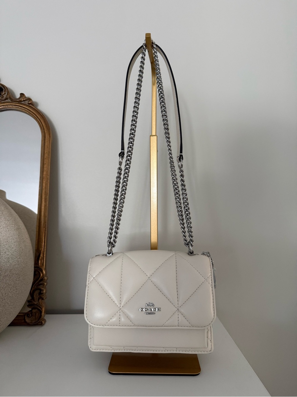 Coach Quilted Leather Crossbody Bag - Cream/White with Silver Chain